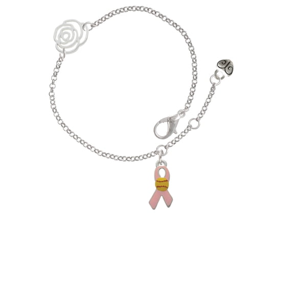 Delight Jewelry Silvertone Pink Ribbon with Softball Silver-tone Rose Link Chain Bracelet, 6.25"+1.75" Extender