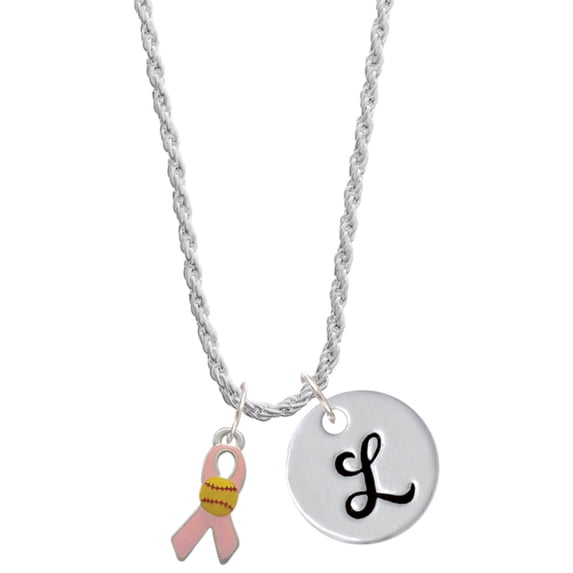 Delight Jewelry Silvertone Pink Ribbon with Softball Silvertone Script Initial Disc - L - Charm Necklace, 20"+3"