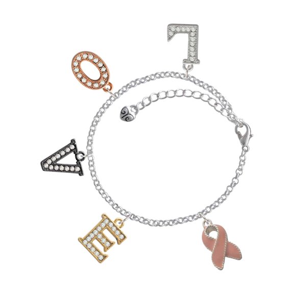 Delight Jewelry Silvertone Pink Ribbon with Stitching Multi-Colored Crystal Love Charm Bracelet