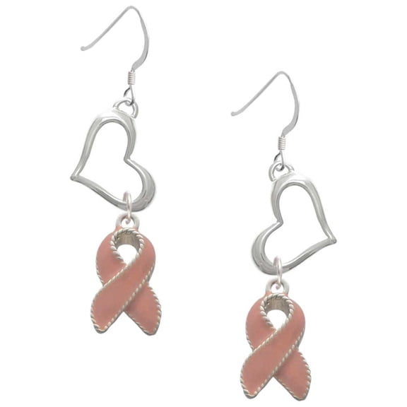 Delight Jewelry Silvertone Pink Ribbon with Stitching Open Heart French Earrings