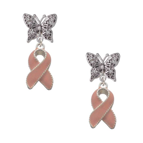 Delight Jewelry Silvertone Pink Ribbon with Stitching Silvertone Antiqued Butterfly Post Earrings