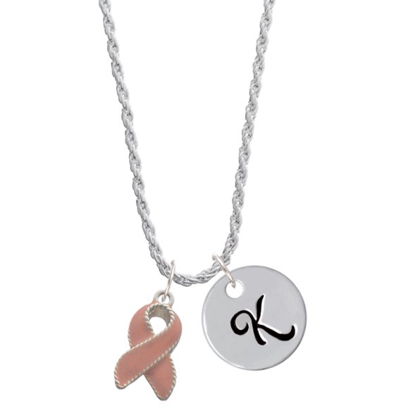 Delight Jewelry Silvertone Pink Ribbon with Stitching Silvertone Script Initial Disc - K - Charm Necklace, 20"+3"