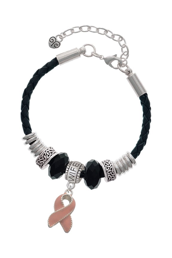 Silvertone Pink Ribbon with Stitching Wife Celtic Knot Leather Bead Bracelet, 7"+2" Extender