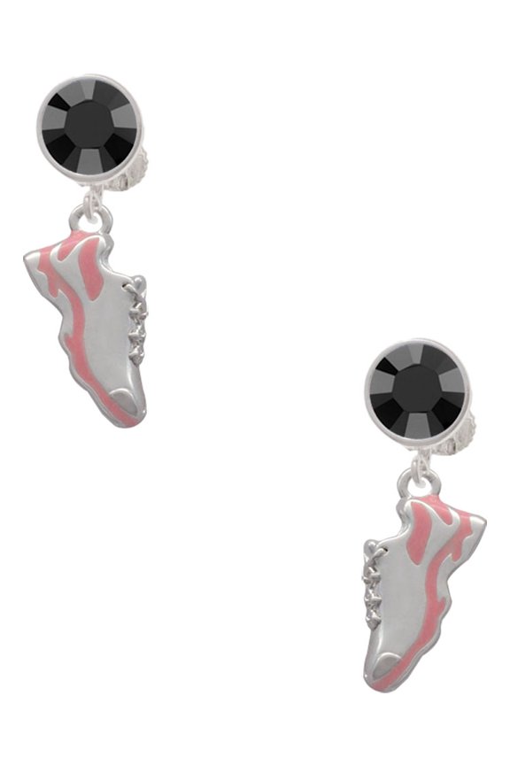 Silvertone Pink Running Shoe Black Crystal Clip on Earrings