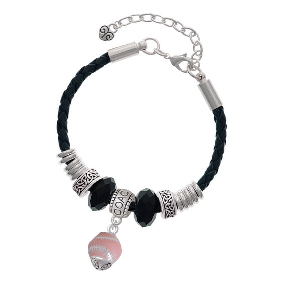 Delight Jewelry Silvertone Pink Softball with Stitching Spinner Coach Celtic Knot Leather Bead Bracelet, 7"+2" Extender