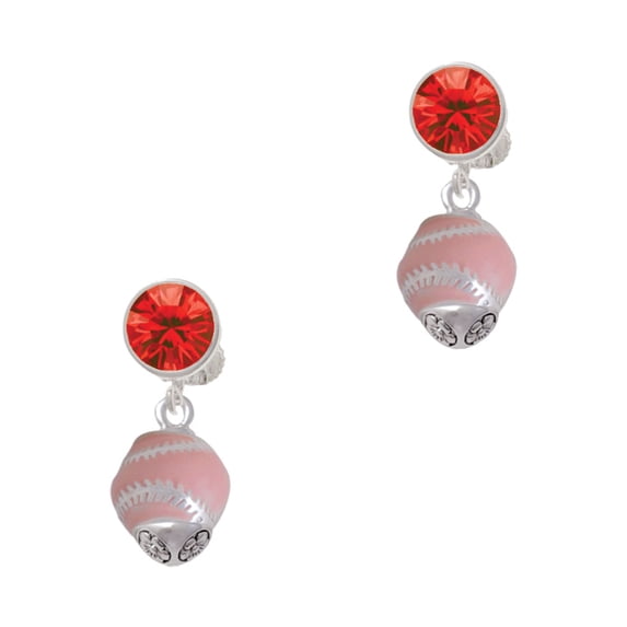 Delight Jewelry Silvertone Pink Softball with Stitching Spinner Red Crystal Clip on Earrings