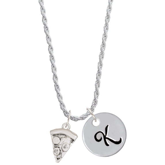 Delight Jewelry Silvertone Pizza Slice Silvertone Script Initial Disc - K - Charm Necklace, 20"+3"
