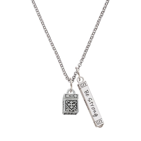 Delight Jewelry Silvertone Prayer Box Silvertone Be Strong and Courageous Bar Charm Necklace, 23"