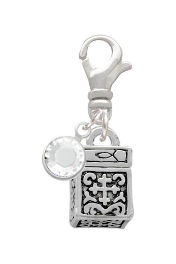 Silvertone Prayer Box - Silvertone Clip on Charm with Clear Crystal Drop