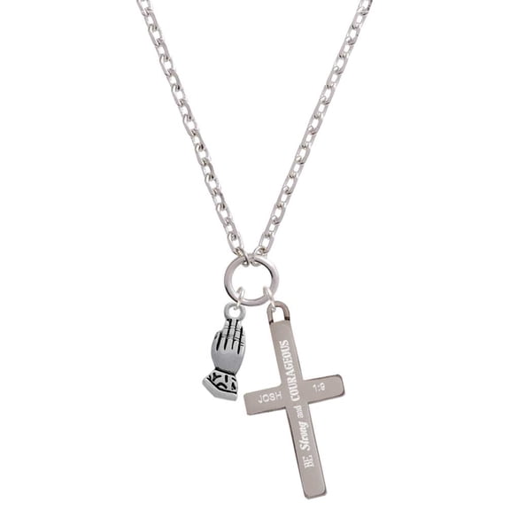 Delight Jewelry Silvertone Praying Hands Be Strong and Courageous Engraved Cross Zoey Necklace, 28"