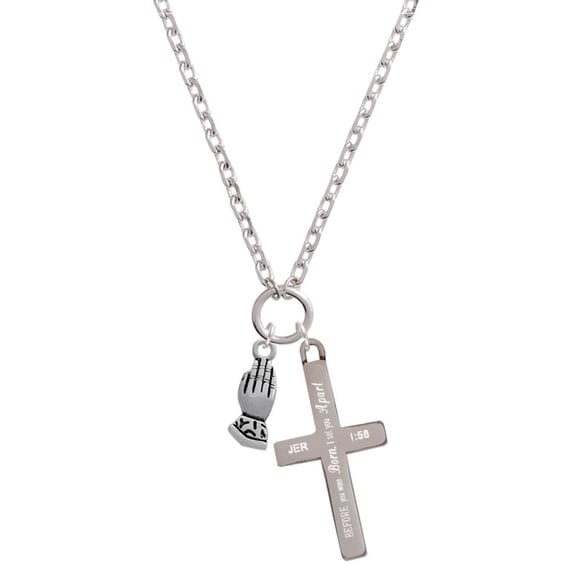 Delight Jewelry Silvertone Praying Hands I Set You Apart Engraved Cross Zoey Necklace, 28"