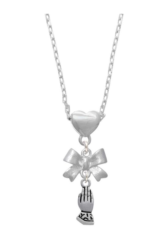 Silvertone Praying Hands Silver tone Bow Heart Necklace