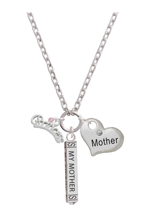 Silvertone Princess with Pink Crystal Always My Mother Bar Zoe Necklace