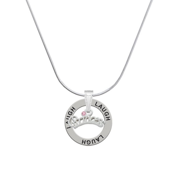 Delight Jewelry Silvertone Princess with Pink Crystal Laugh Ring Charm Necklace, 18"