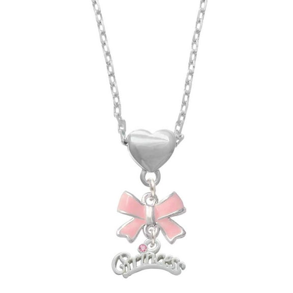 Delight Jewelry Silvertone Princess with Pink Crystal Pink Bow Heart Necklace