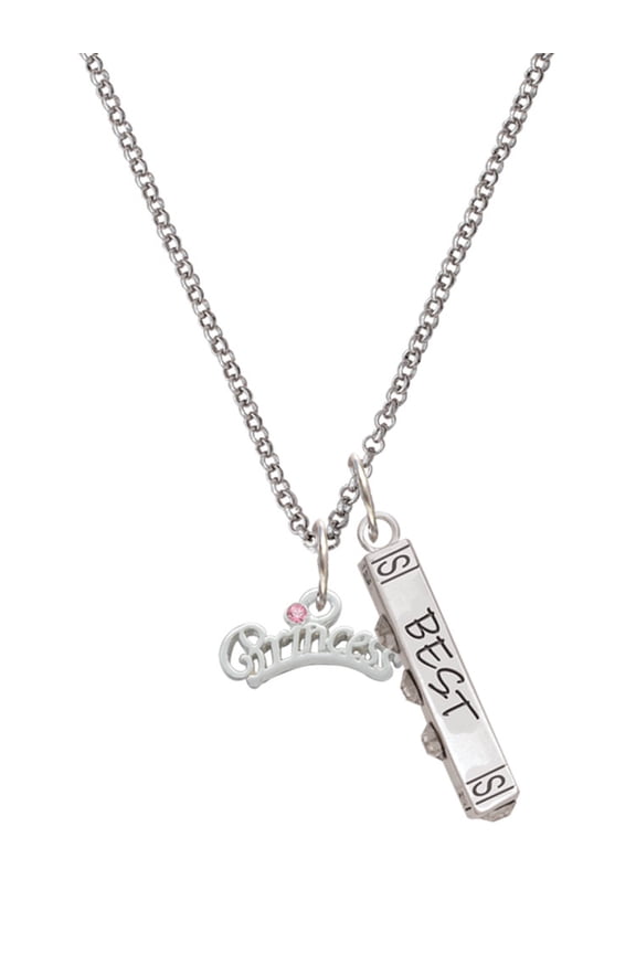 Silvertone Princess with Pink Crystal Silvertone Best Friends Forever Bar Charm Necklace, 23"
