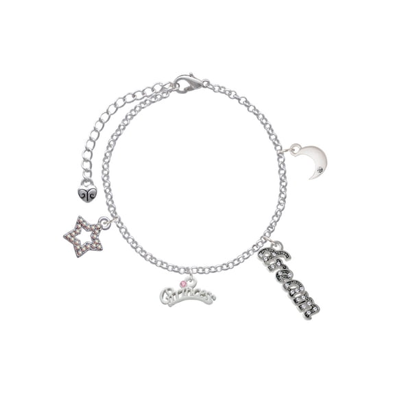 Delight Jewelry Silvertone Princess with Pink Crystal Silvertone Dream Big Charm Bracelet, 7.5+2" Extender