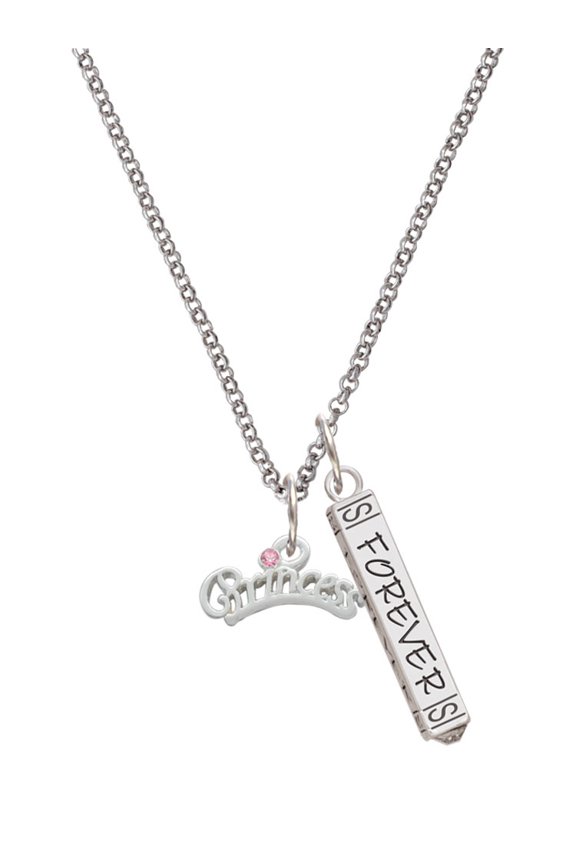 Silvertone Princess with Pink Crystal Silvertone Forever Bar Charm Necklace, 23"