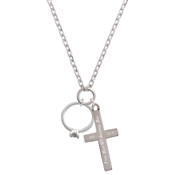 Delight Jewelry Silvertone Promise Ring with Crystal Everlasting Love Engraved Cross Zoey Necklace, 28"