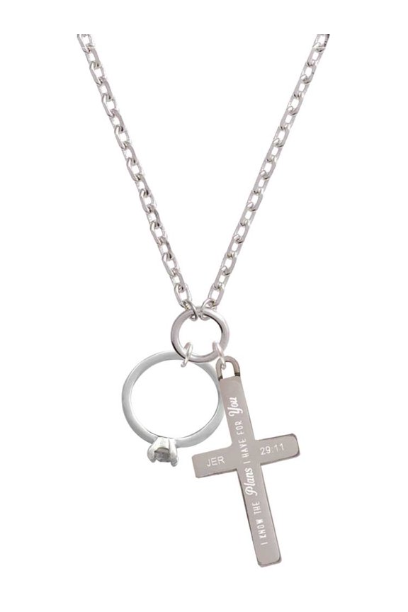 Silvertone Promise Ring with Crystal I Have Plans for You Engraved Cross Zoey Necklace, 28"