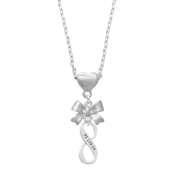 Delight Jewelry Silvertone Psalm 139:14 Infinity Sign Silver tone Bow Heart Necklace