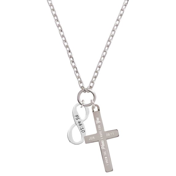 Delight Jewelry Silvertone Psalm 46:10 Infinity Sign I Have Plans for You Engraved Cross Zoey Necklace, 28"