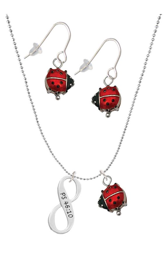 Silvertone Psalm 46:10 Infinity Sign Red Lucky Ladybug Necklace and Dangle Earrings Set