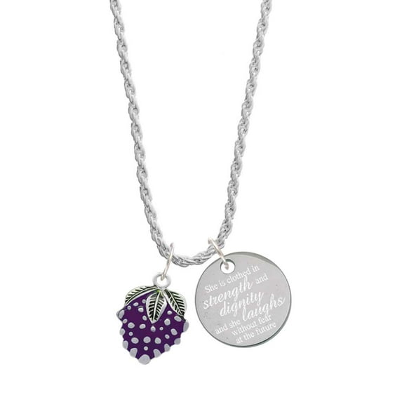 Delight Jewelry Silvertone Purple Grapes She is Clothed in Stength and Dignity Charm Necklace, 20"+3"