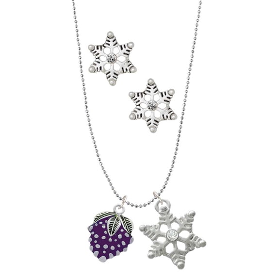 Delight Jewelry Silvertone Purple Grapes Silver tone Snowflake Charm Necklace and Stud Earrings