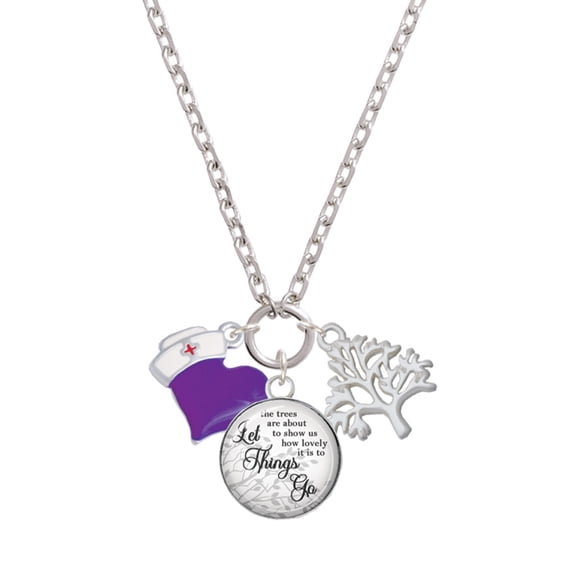 Delight Jewelry Silvertone Purple Heart with Nurse Hat Let Things Go Fall Zoey Charm Necklace, 28"
