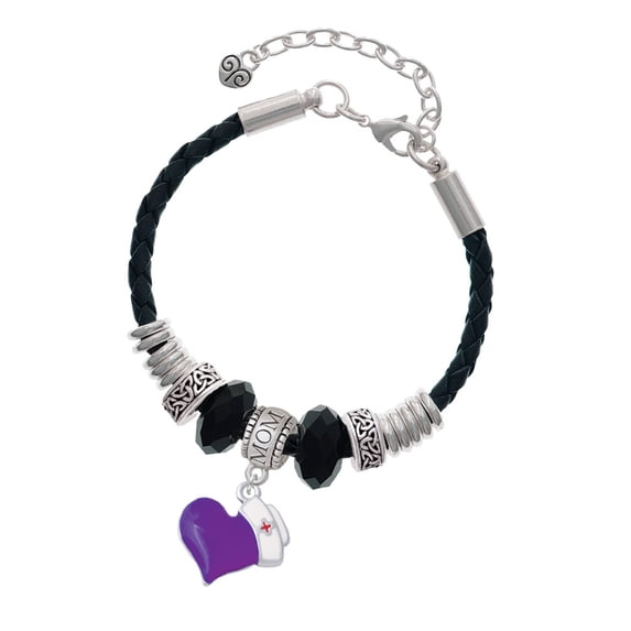 Delight Jewelry Silvertone Purple Heart with Nurse Hat Mom Celtic Knot Leather Bead Bracelet, 7"+2" Extender