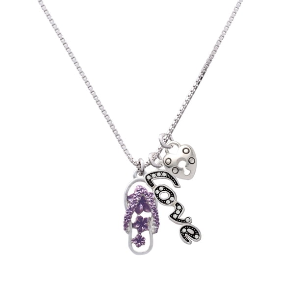 Delight Jewelry Silvertone Purple Open Plumeria Flower Flip Flop - Love and Lock Charm Necklace, 18"+1"