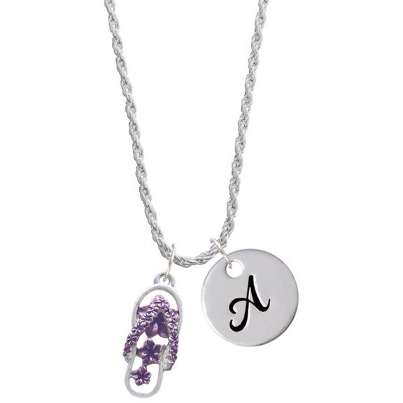 Delight Jewelry Silvertone Purple Open Plumeria Flower Flip Flop Silvertone Script Initial Disc - A - Charm Necklace, 20"+3"
