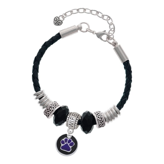 Delight Jewelry Silvertone Purple Paw on Black Disc Wife Celtic Knot Leather Bead Bracelet, 7"+2" Extender