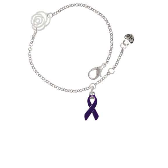 Delight Jewelry Silvertone Purple Ribbon Silver-tone Rose Link Chain Bracelet, 6.25"+1.75" Extender