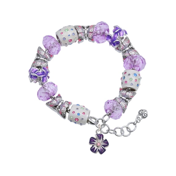 Delight Jewelry Silvertone Purple and White African Violet Flower Purple Butterfly Bead Charm Bracelet, 7"+1" Extender