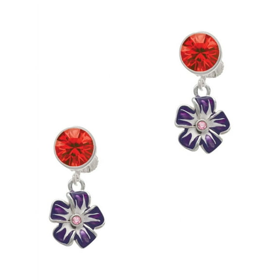 Delight Jewelry Silvertone Purple and White African Violet Flower Red Crystal Clip on Earrings