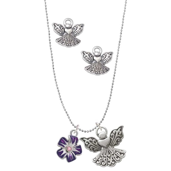 Delight Jewelry Silvertone Purple and White African Violet Flower Silver tone Guardian Angel Charm Necklace and Stud Earrings