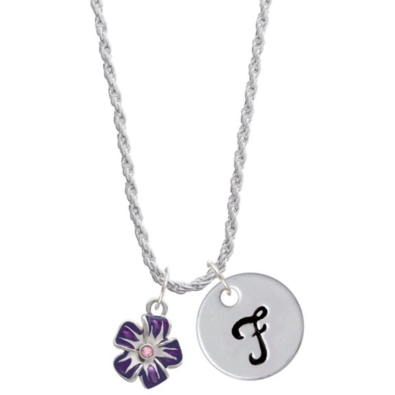 Delight Jewelry Silvertone Purple and White African Violet Flower Silvertone Script Initial Disc - F - Charm Necklace, 20"+3"