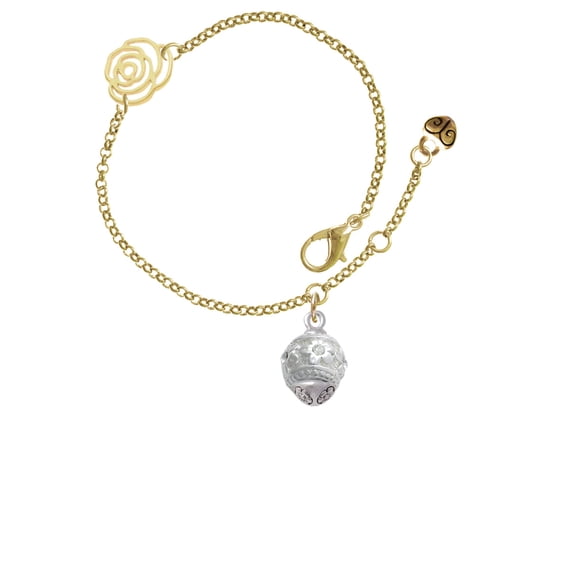 Delight Jewelry Silvertone Raised Flowers with Clear Crystals on Barrel Spinner Gold-tone Rose Link Chain Bracelet, 6.25"+1.75" Extender