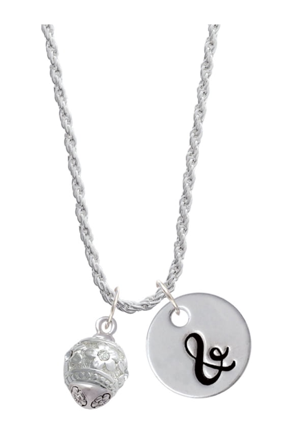 Silvertone Raised Flowers with Clear Crystals on Barrel Spinner Silvertone Script Initial Disc - & - Charm Necklace, 20"+3"