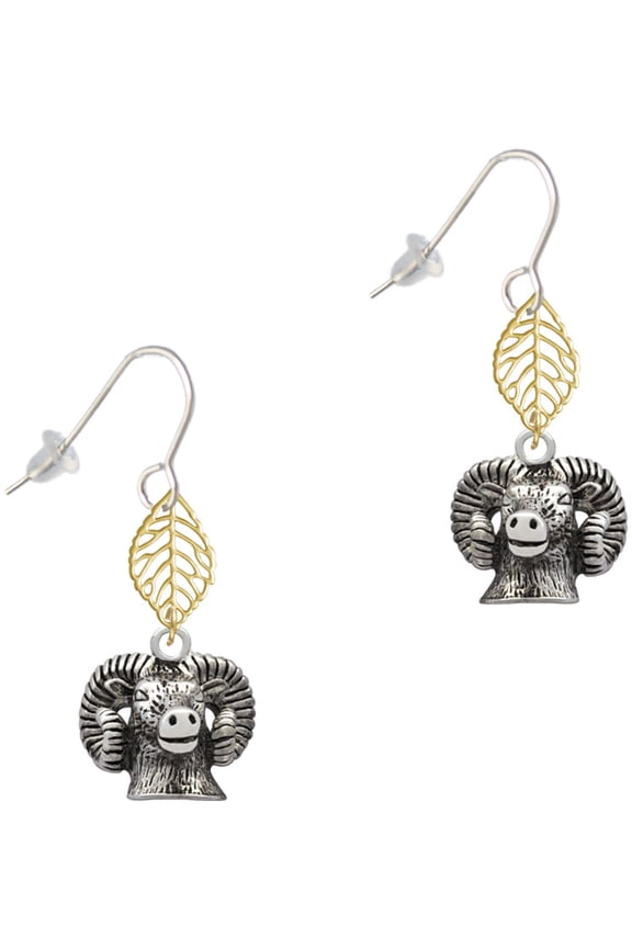 Silvertone Ram Head Goldtone Leaf French Earrings