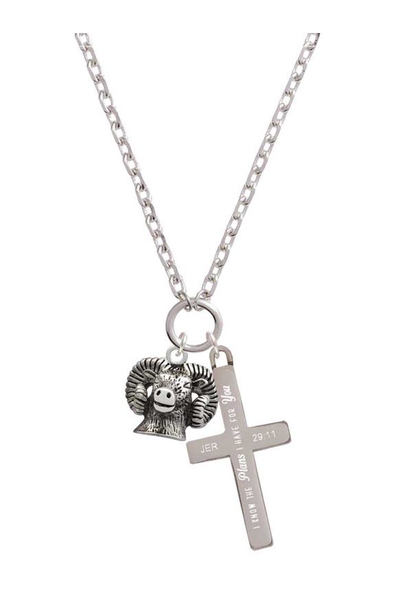 Silvertone Ram Head I Have Plans for You Engraved Cross Zoey Necklace, 28"