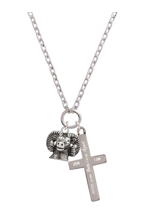 Silvertone Ram Head I Set You Apart Engraved Cross Zoey Necklace, 28"