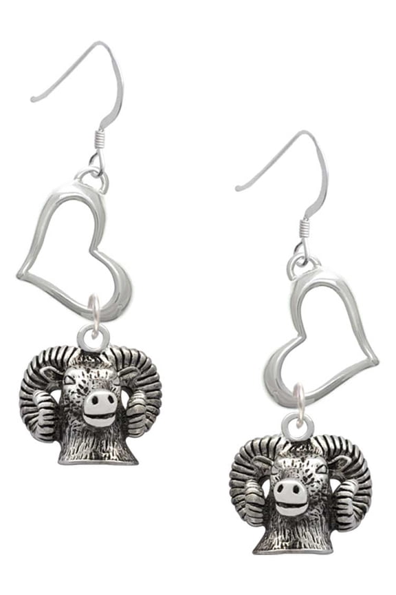 Silvertone Ram Head Open Heart French Earrings