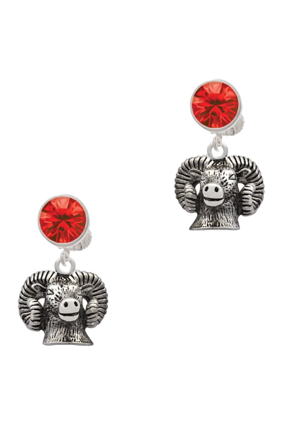Silvertone Ram Head Red Crystal Clip on Earrings