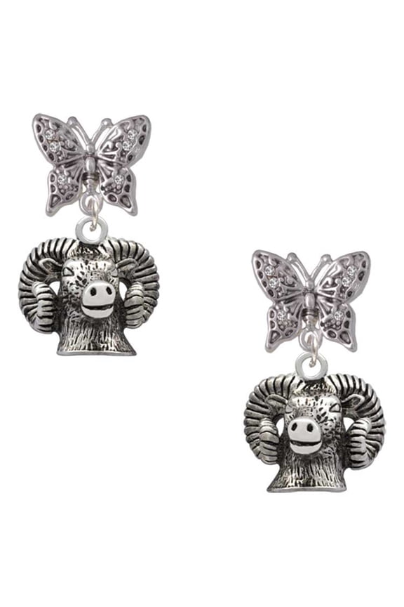 Silvertone Ram Head Silvertone Antiqued Butterfly Post Earrings
