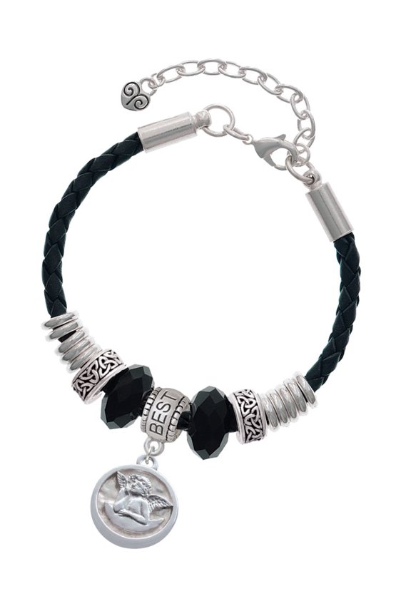 Silvertone Raphael Angel - Round Seal Best Friend Celtic Knot Leather Bead Bracelet, 7"+2" Extender