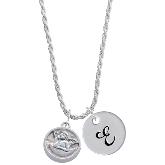Delight Jewelry Silvertone Raphael Angel - Round Seal Silvertone Script Initial Disc - E - Charm Necklace, 20"+3"