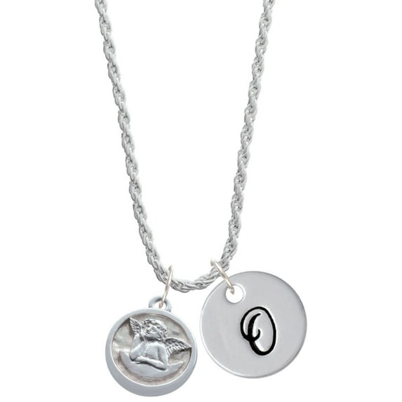 Delight Jewelry Silvertone Raphael Angel - Round Seal Silvertone Script Initial Disc - O - Charm Necklace, 20"+3"